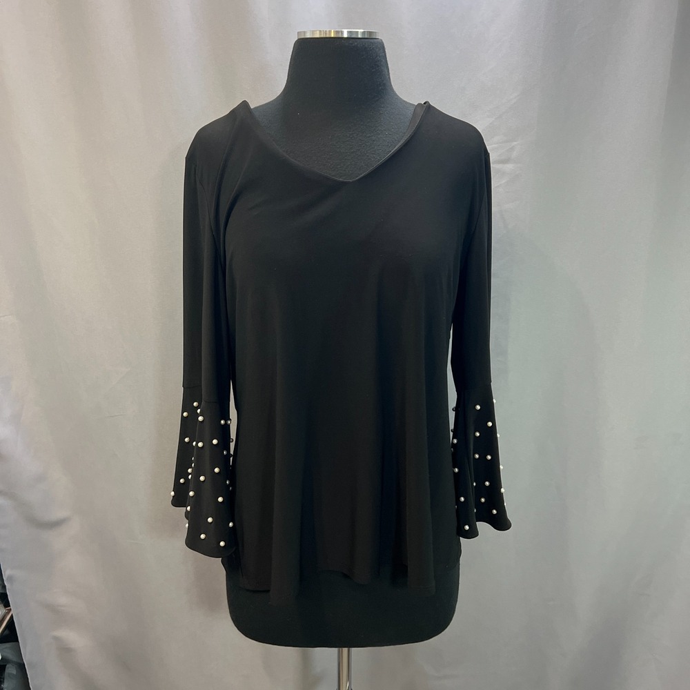 S. Levine Blouse Top Womens Large Black Stretch Studded Faux Pearls Bell Sleeve